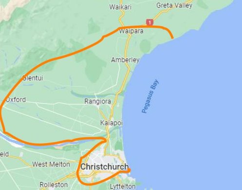 Waipara-Oxford-Rangiora-Kaiapoi-Christchurch-map